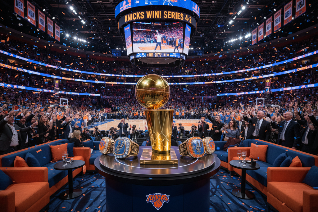 NBA Finals championship trophy display at MSG