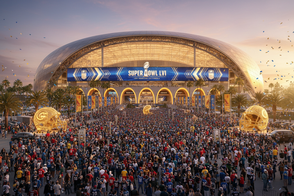 SoFi Stadium exterior on Super Bowl game day