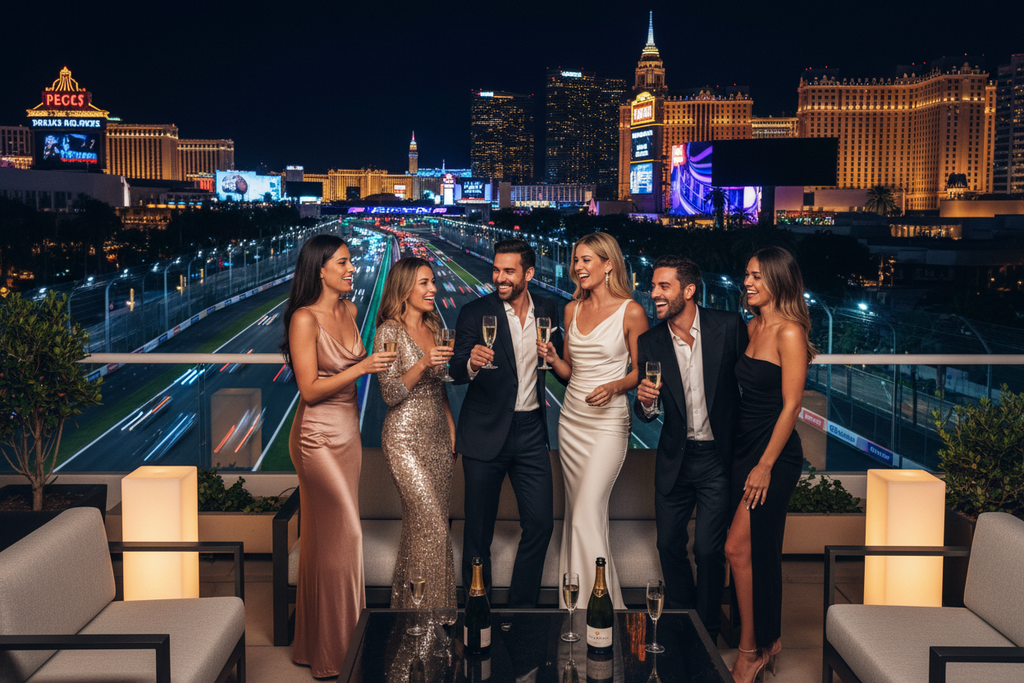 VIP guests celebrating at the F1 Las Vegas Grand Prix Paddock Club lifestyle experience