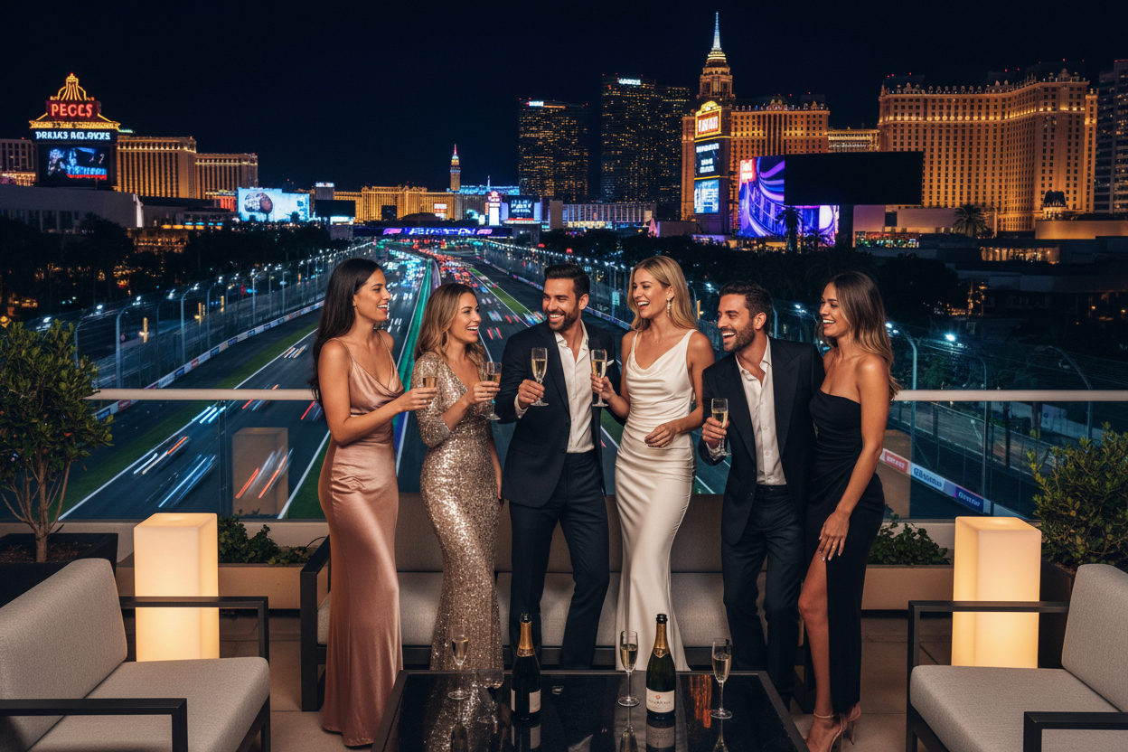 VIP guests celebrating at the F1 Las Vegas Grand Prix Paddock Club lifestyle experience