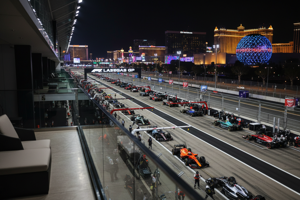 Paddock Club premium seating view overlooking the F1 pit lane at Las Vegas