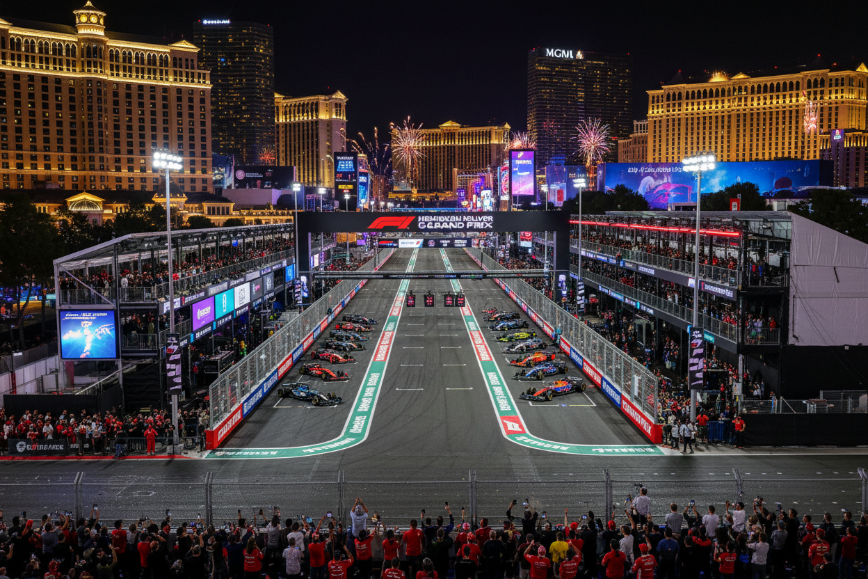 Las Vegas Strip F1 circuit exterior with casino skyline at night