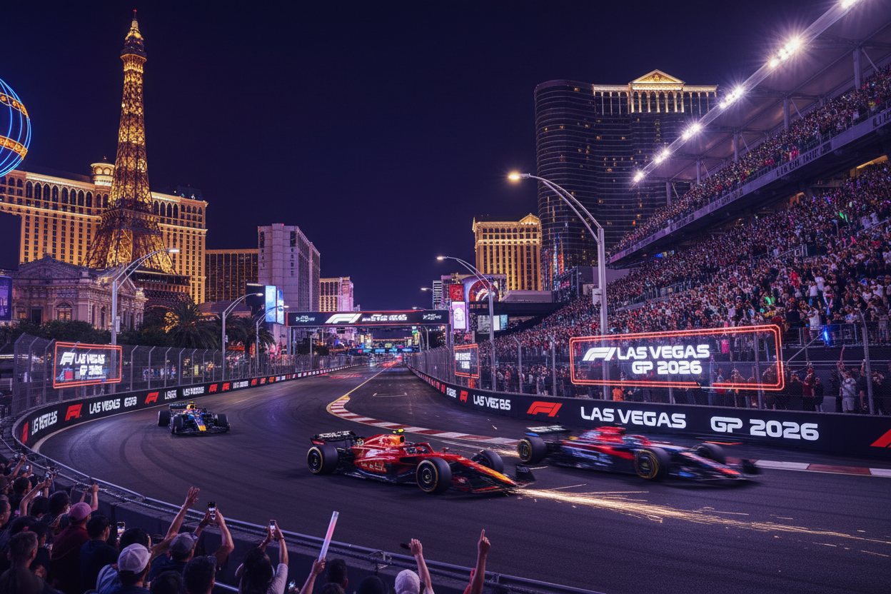 F1 Las Vegas Grand Prix 2026 hero shot — cars racing on the illuminated Strip circuit