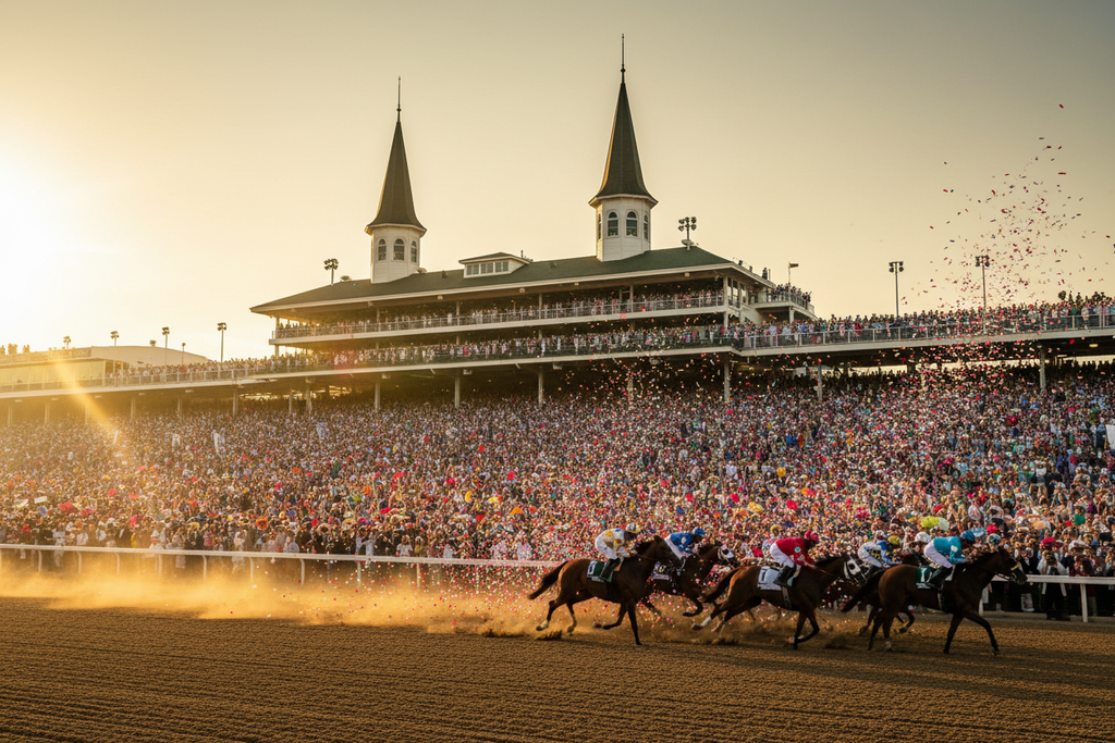 Kentucky Derby 2027 hero shot — Churchill Downs twin spires on race day